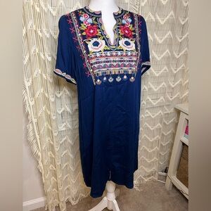 Chelsea & Theodore Floral Embroidery Navy Shift Dress Navy Blue Size Small